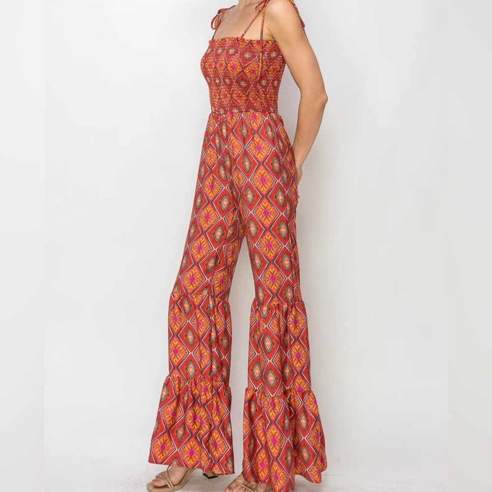 Boho print stock flared jumpsuit by wisteria lane retail $108